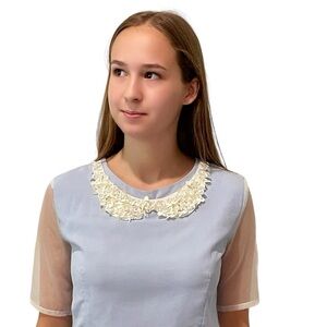 Sister Jane Sequin & Pearl Collar Tulle Sleeve Blue Crop Top Size S